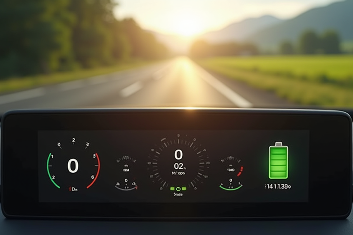 Tableau de bord avec alerte de batterie faible et autonomie