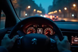 Tableau de bord Peugeot 208 de nuit avec affichage numérique lisible et instrumentation illuminée en conduite urbaine