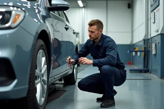 Technicien en contrôle technique examinant les freins d'un véhicule dans un centre agréé en 2026
