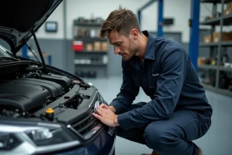 Technicien automobile connectant un outil de diagnostic OBD à un moteur pour une mise à jour du DME en atelier