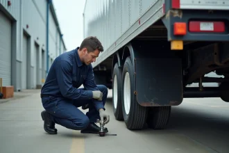 Technicien logistique inspectant un système airlinker anti-vibration sous une remorque frigorifique sur un quai de chargement industriel