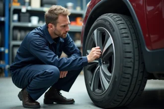Technicien automobile inspectant l'indice de vitesse inscrit sur le flanc d'un pneu dans un atelier de mécanique