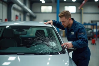 Technicien en carrosserie inspectant un pare-brise fissuré sur une berline dans un atelier de réparation vitrage automobile professionnel