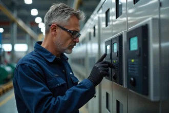 Technicien industriel inspectant un variateur PT Drive sur un panneau de commande en acier dans une usine de production