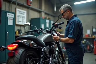 Technicien moto en atelier utilisant un analyseur d'émissions