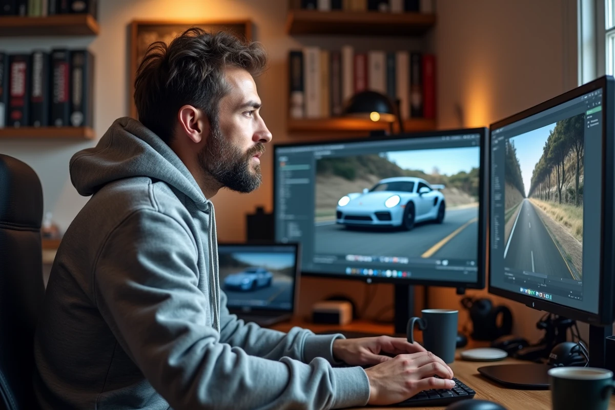 Créateur de contenu automobile en train de monter une vidéo YouTube dans son studio d'enregistrement à domicile