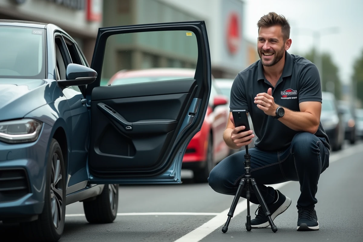 Youtubeur auto filmant un test de voiture d'occasion en extérieur dans un parking urbain avec un smartphone sur trépied