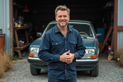 Youtubeur automobile Thierry Vigneau Boiserie expliquant le fonctionnement d'un moteur devant une voiture en extérieur
