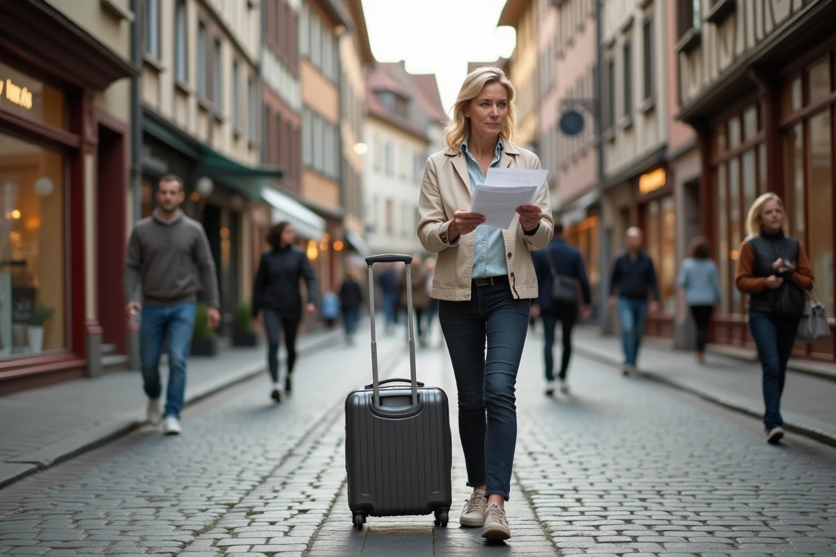 Touriste quittant le parking Rapp à pied vers le centre historique de Colmar avec valise