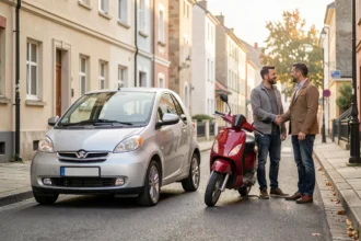 Une voiture et un scooter côte à côte lors d'un échange entre deux personnes