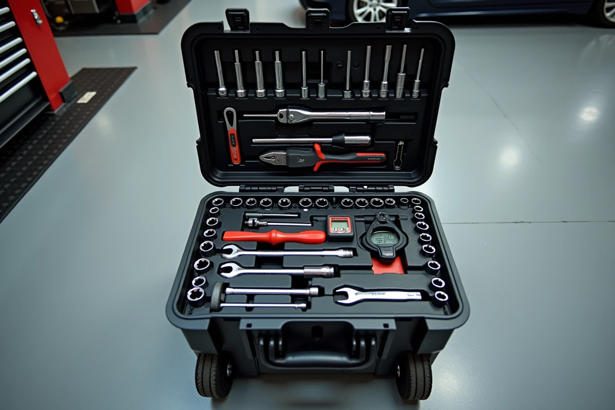 Vue de dessus d'une valise d'outillage mécanicien complète ouverte avec tous les outils organisés sur le sol d'un atelier