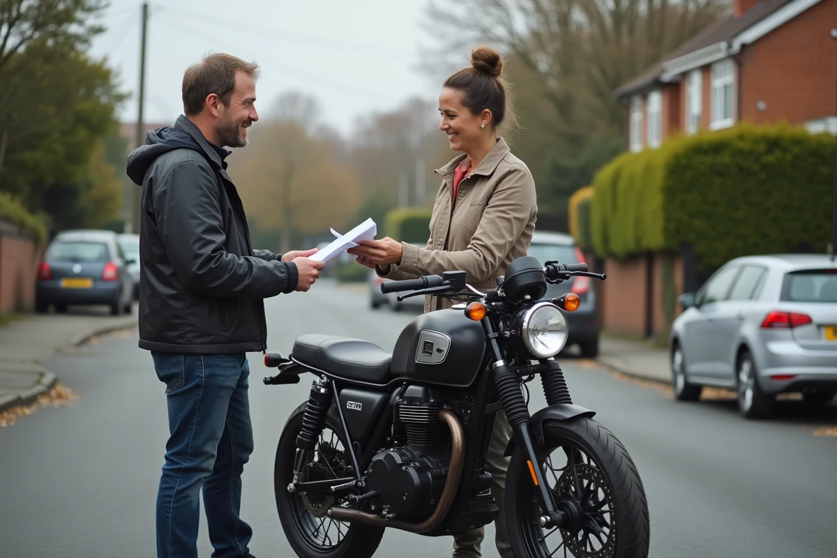 Vendeur et acheteur examinant le certificat de contrôle technique obligatoire lors de la vente d'une moto