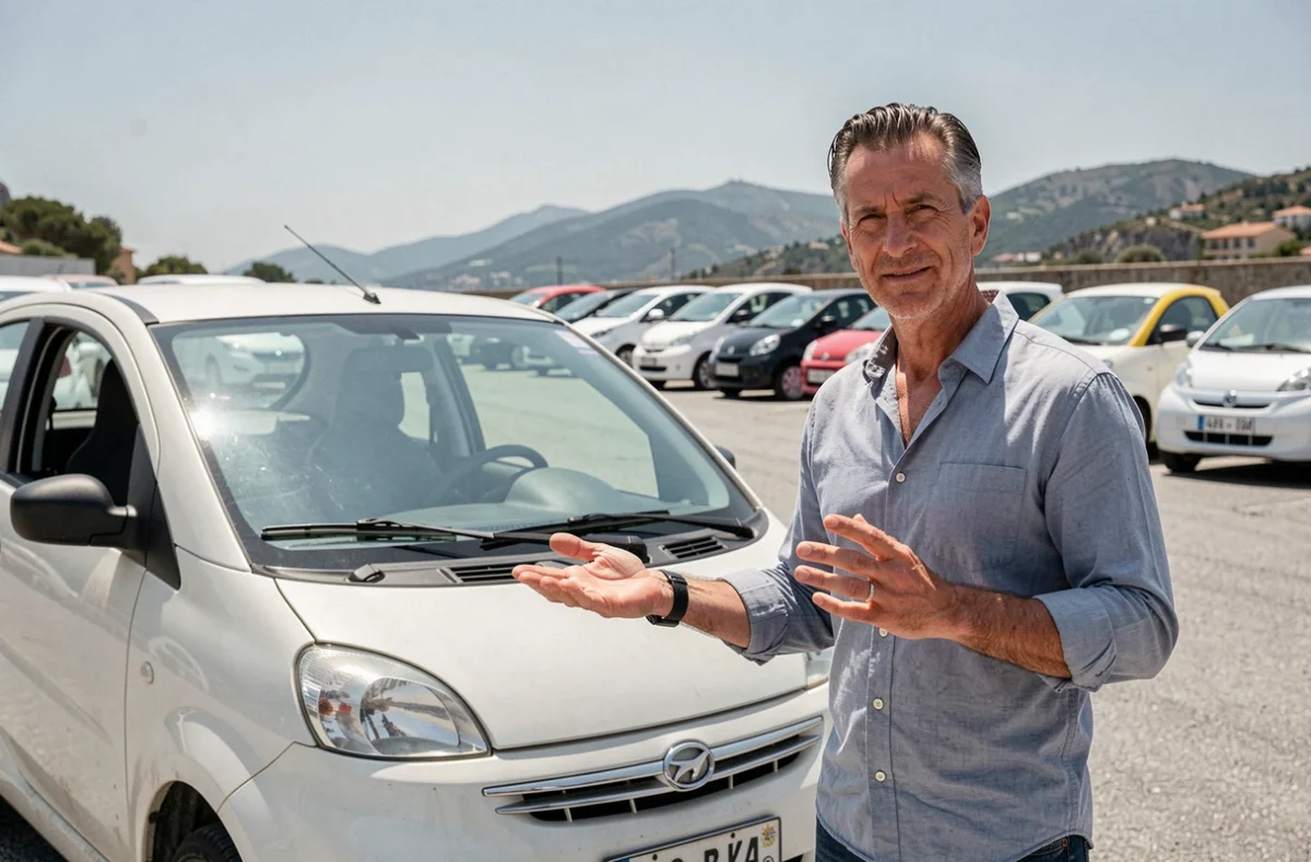 Vendeur de voitures sans permis d'occasion dans un parking concessionnaire à Ajaccio présentant un véhicule compact