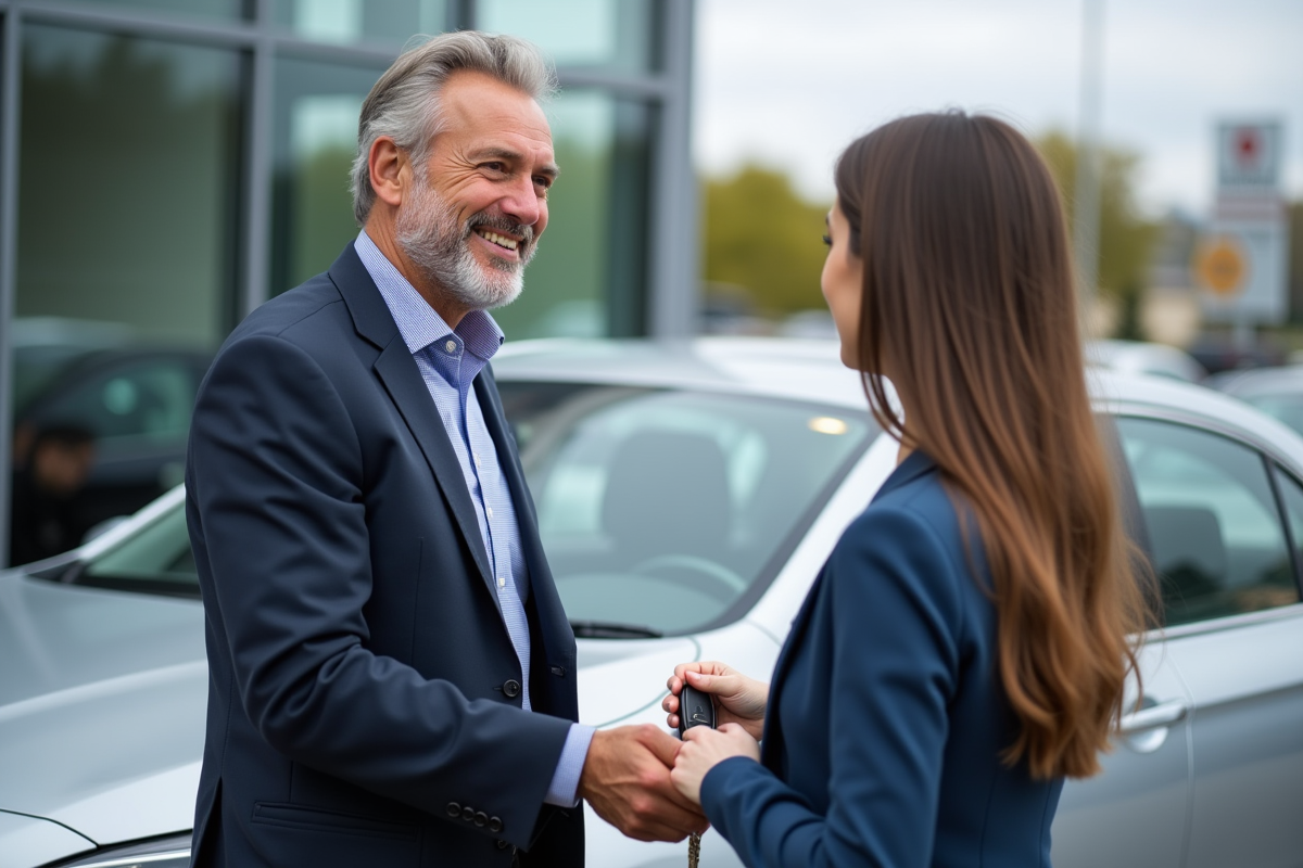 Homme souriant remettant des clés à une femme devant une voiture