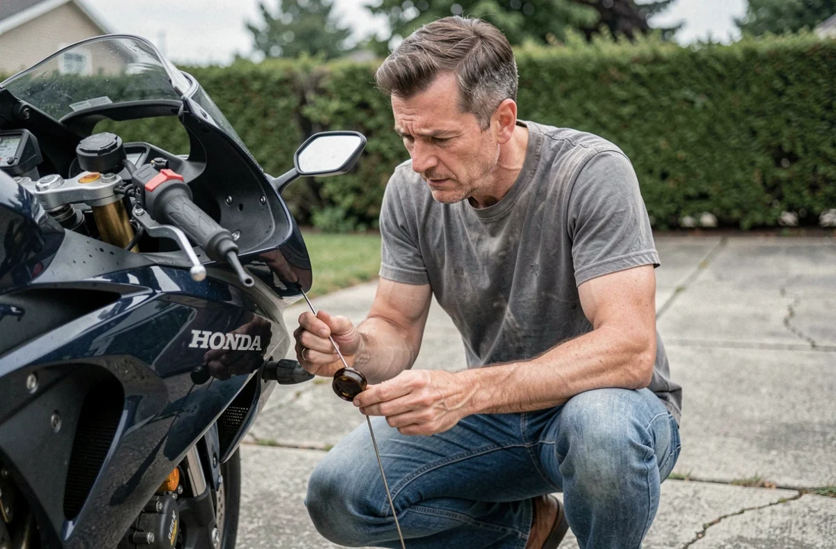 Propriétaire de CBR 1000F vérifiant l'huile moteur usée dans une allée résidentielle