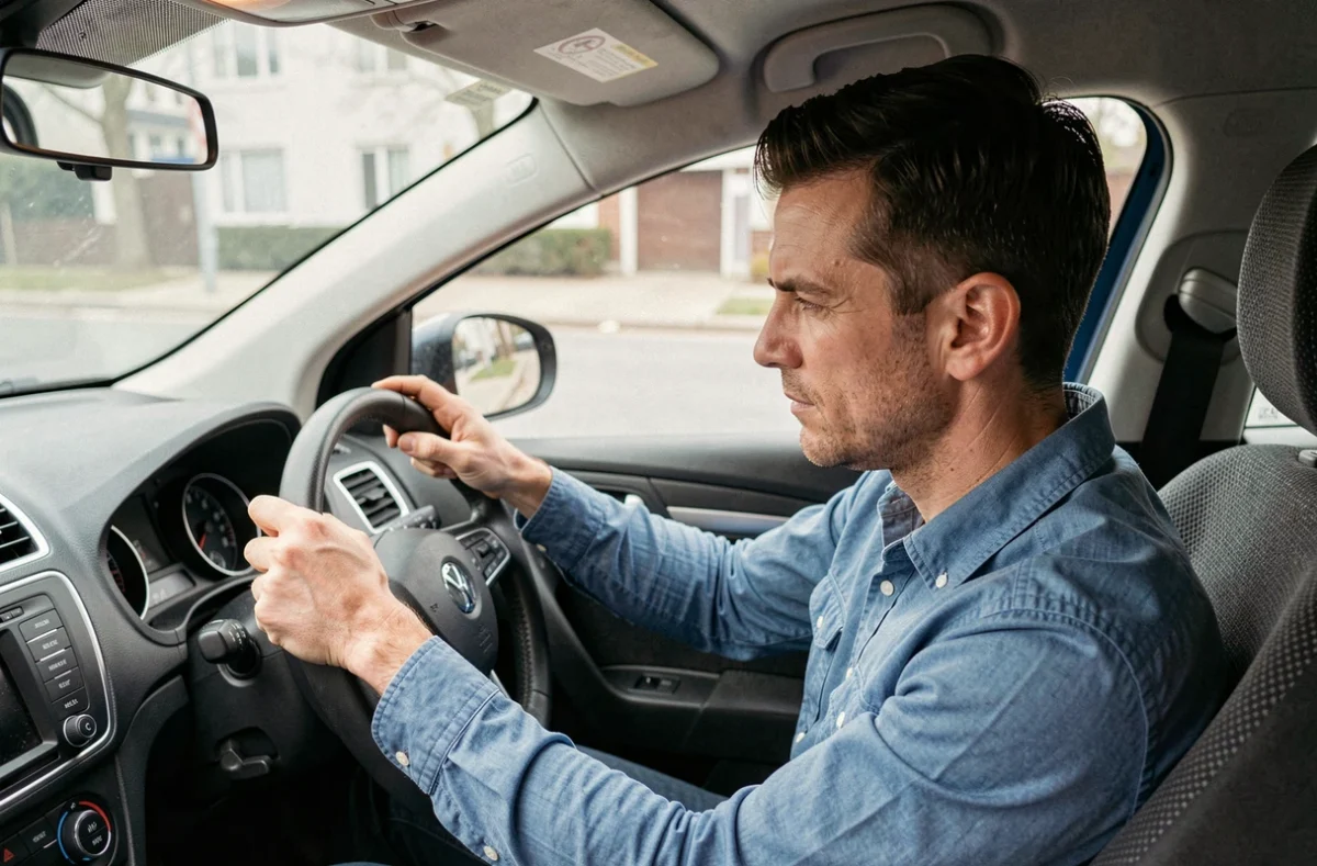 Conducteur vérifiant les rétroviseurs et le tableau de bord à l'intérieur du véhicule lors d'une vérification avant le permis