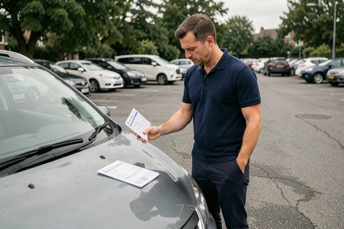 Homme consultant une fiche mémo de vérification de permis de conduire à côté de sa voiture dans un parking, avec documents administratifs