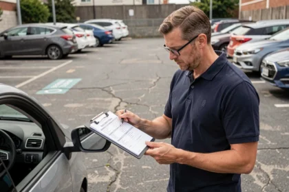 Moniteur d'auto-école vérifiant une liste de contrôle intérieure et extérieure du véhicule sur un parking
