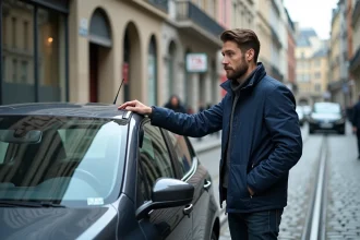Homme vérifiant la vignette zone basses émissions sur sa voiture à Bruxelles
