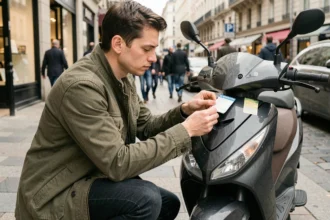 Jeune homme examinant la vignette d'assurance collée sur un scooter en ville
