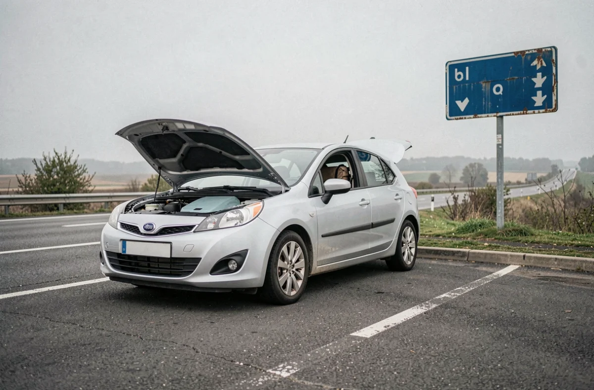 Voiture compacte à moteur 1.0 TSI garée sur une aire d'autoroute française lors d'un long trajet