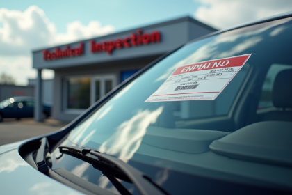 Voiture garée devant centre de contrôle technique avec vignette expirée