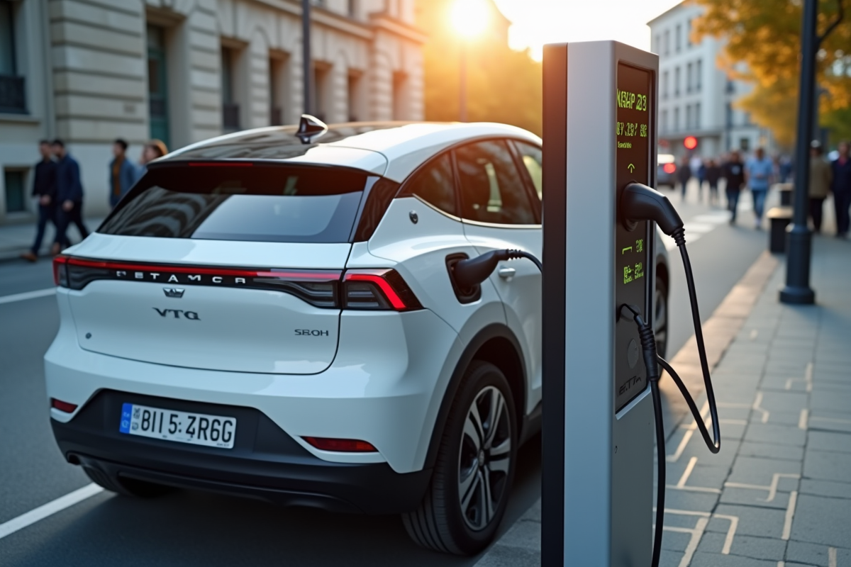 Voiture électrique en charge dans une station urbaine moderne