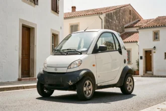 Voiture sans permis d'occasion compacte garée dans une rue ensoleillée d'Ajaccio avec des bâtiments méditerranéens en arrière-plan