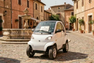 Voiture sans permis d'occasion à vendre sur une place de village en Vaucluse