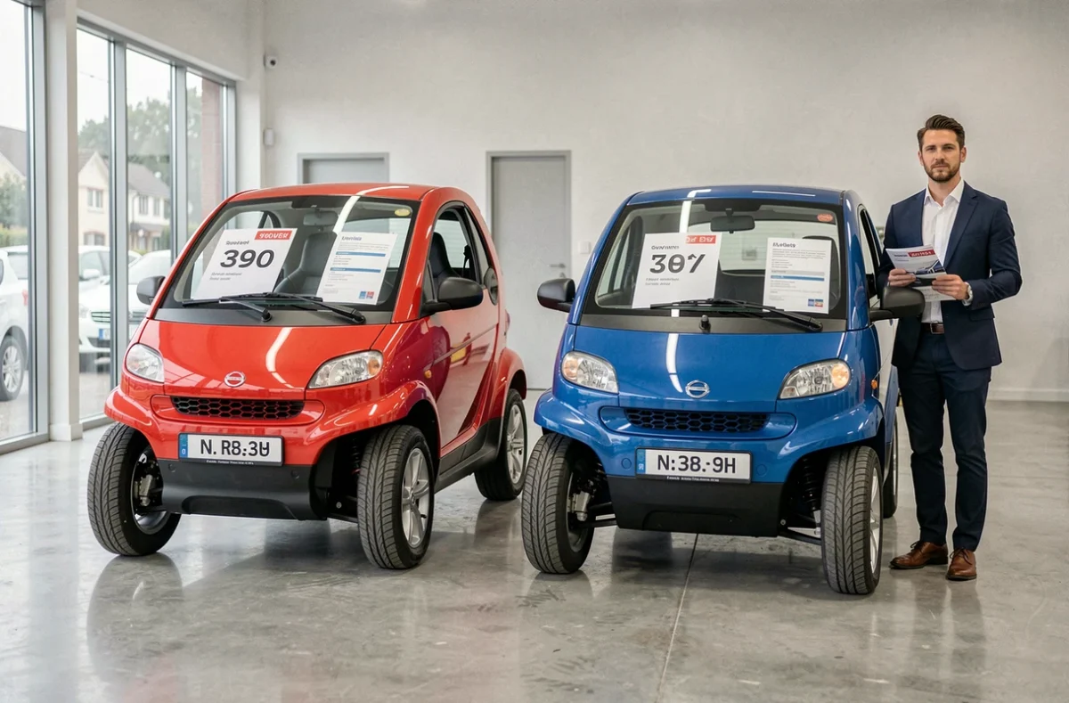 Concessionnaire présentant deux voitures sans permis en showroom avec fiches tarifaires visibles