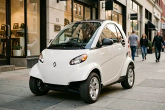 Voiture sans permis blanche compacte garée sur un trottoir urbain vue de trois quarts avant