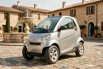 Voiture sans permis grise garée sur une place de village provençale dans le Var