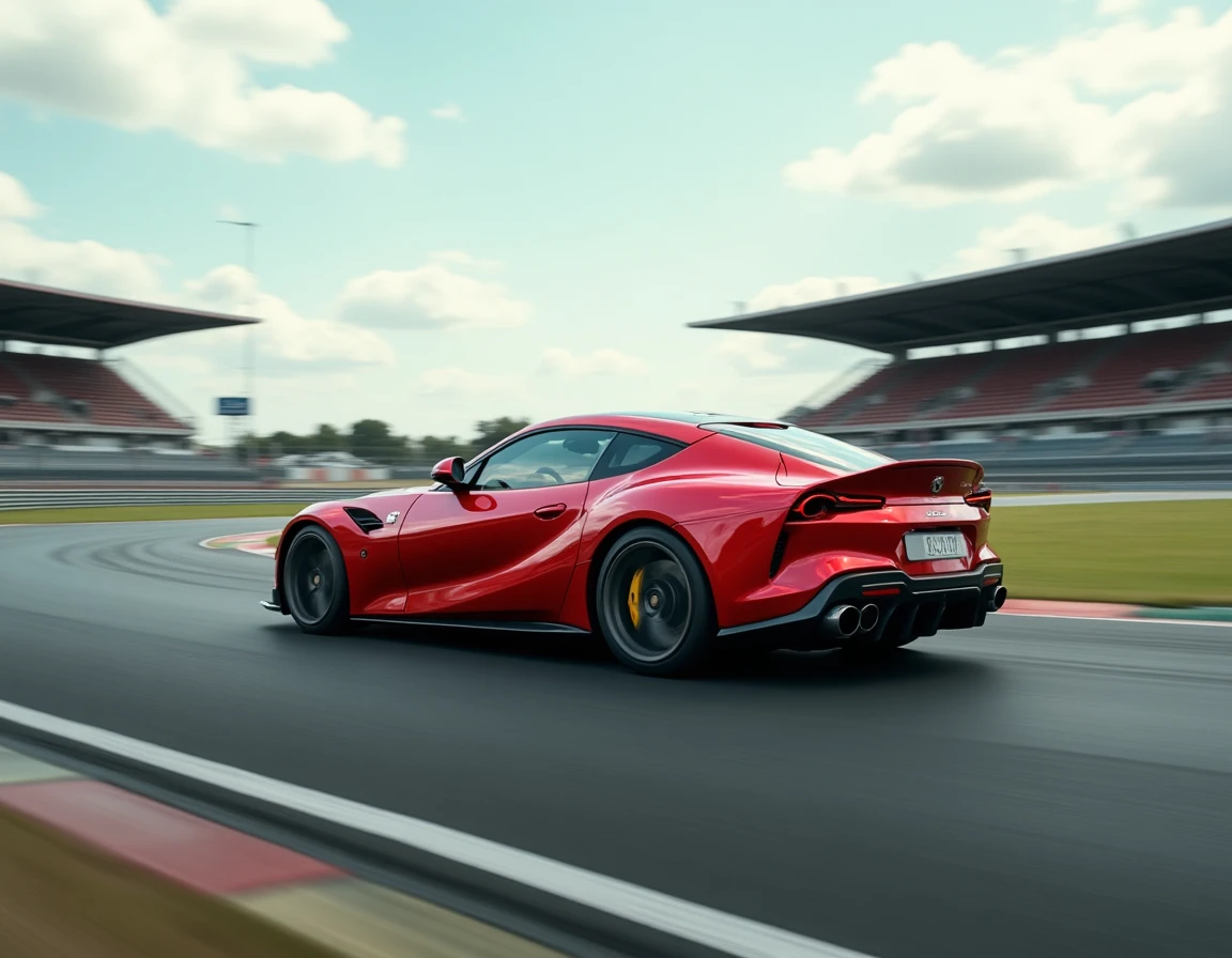 Voiture de sport rouge en pleine accélération dans un virage de circuit lors d'un stage de conduite