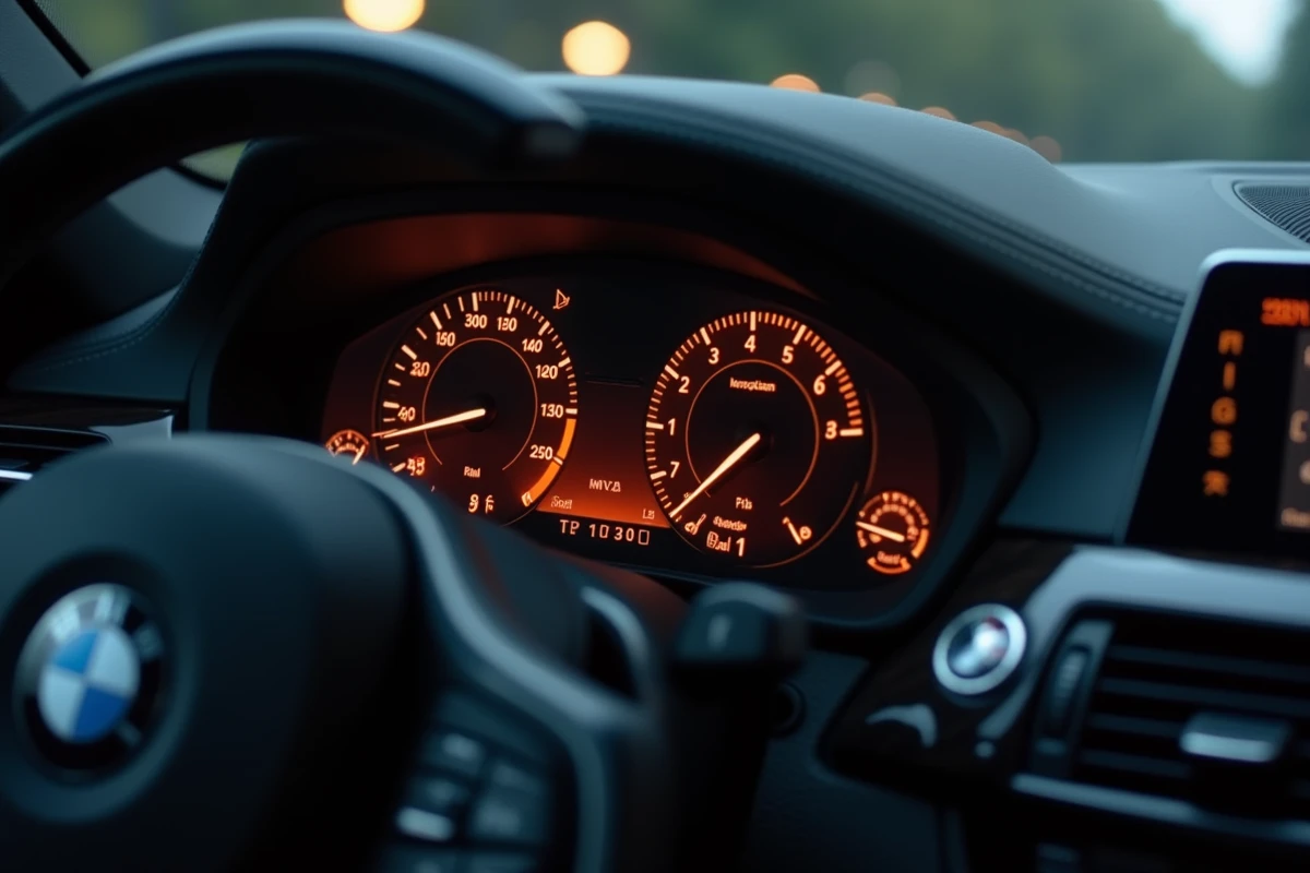Voyant moteur orange clignotant sur le tableau de bord d'une BMW, indicateur d'alerte moteur visible