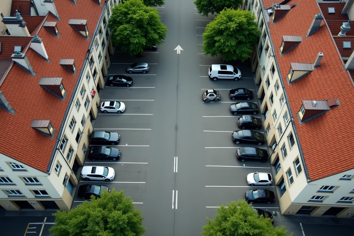 Vue aérienne du parking Rapp et du centre-ville de Colmar avec toits alsaciens et signalisation