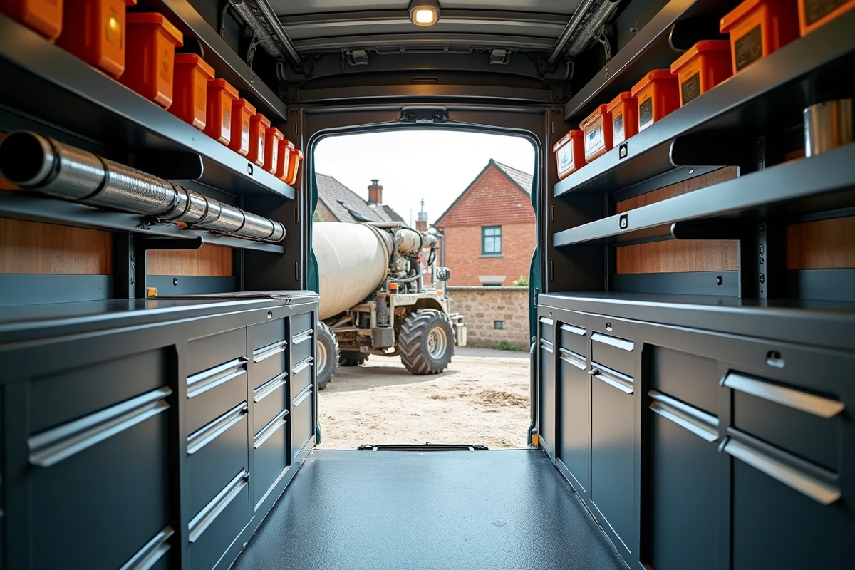 Vue intérieure grand angle d'un Renault Master entièrement aménagé pour le BTP avec tiroirs aluminium et rangements spécialisés